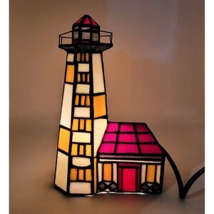Tiffany Style Stained Glass Lighted Lighthouse Table Mantle Lamp